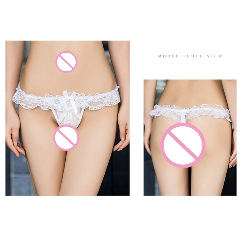 Thong Women Open Crotch Pearl Embellished Sexy Lace Underwear Fashion Lingerie Set Valentine Gift for Her