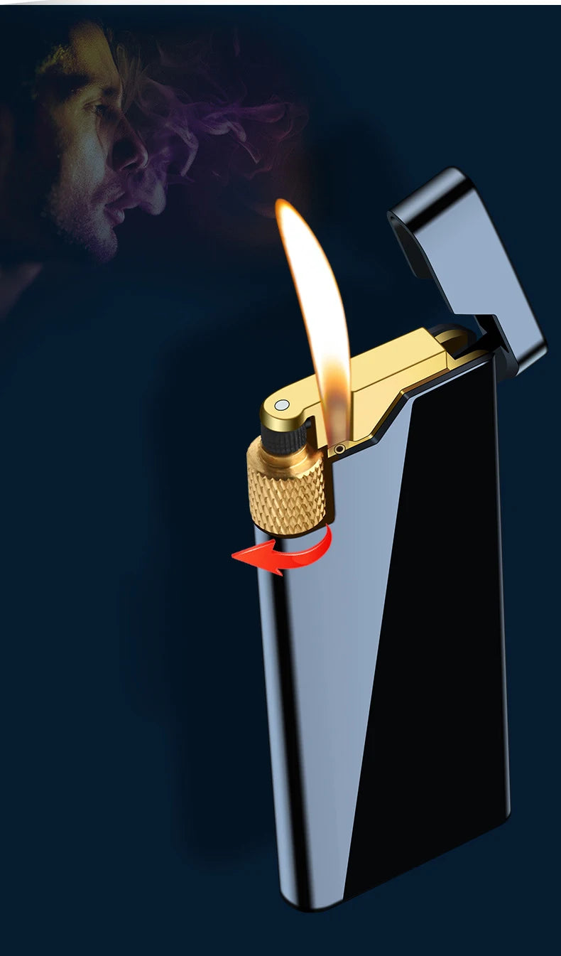 New Personality Portable Metal Slender Wheel Lighter Butane Gas Open Flame Lighter Mini Cigarette Lighter Gadget Men's Gift