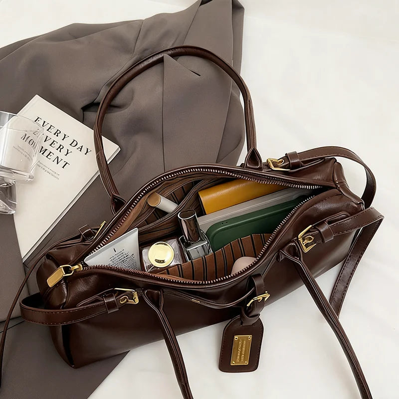 Ladies Vintage Bag Fashion Retro Large Capacity Tote Bag Motorcycle Bag Pu Shoulder Bag Handbag Brown