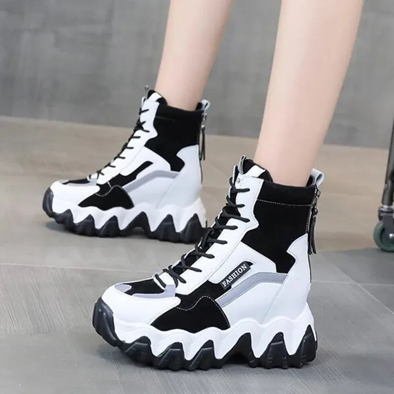 2024 Women Thick Sole Ankle Boots Autumn Luxury Platform Casual Boots Women's 8cm High Heels Wedge Boots Shoes Woman Sneakers