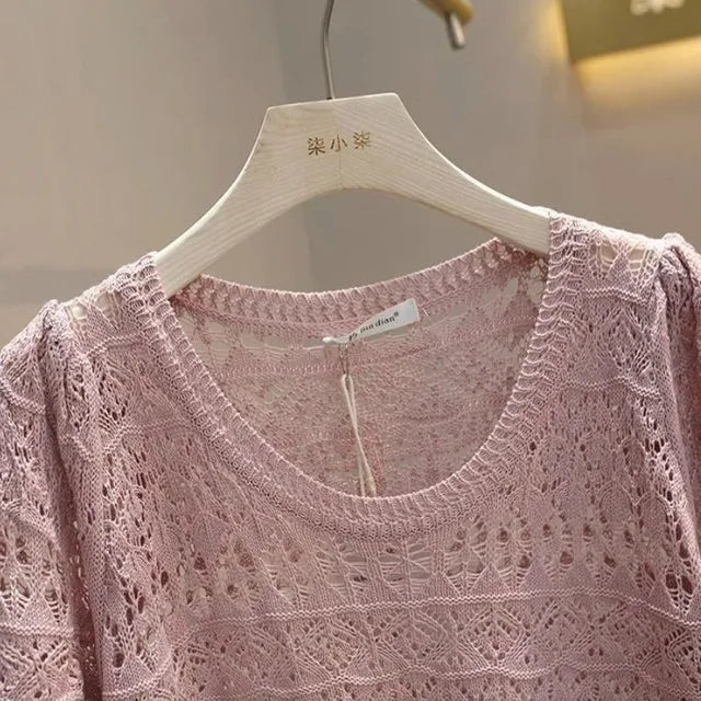 Summer Woman Tshirts Short Sleeve O-neck Loose Tees 2025 Ropa Mujer Hollow Out Knitted Crop T-shirts Vintage Women's Clothes