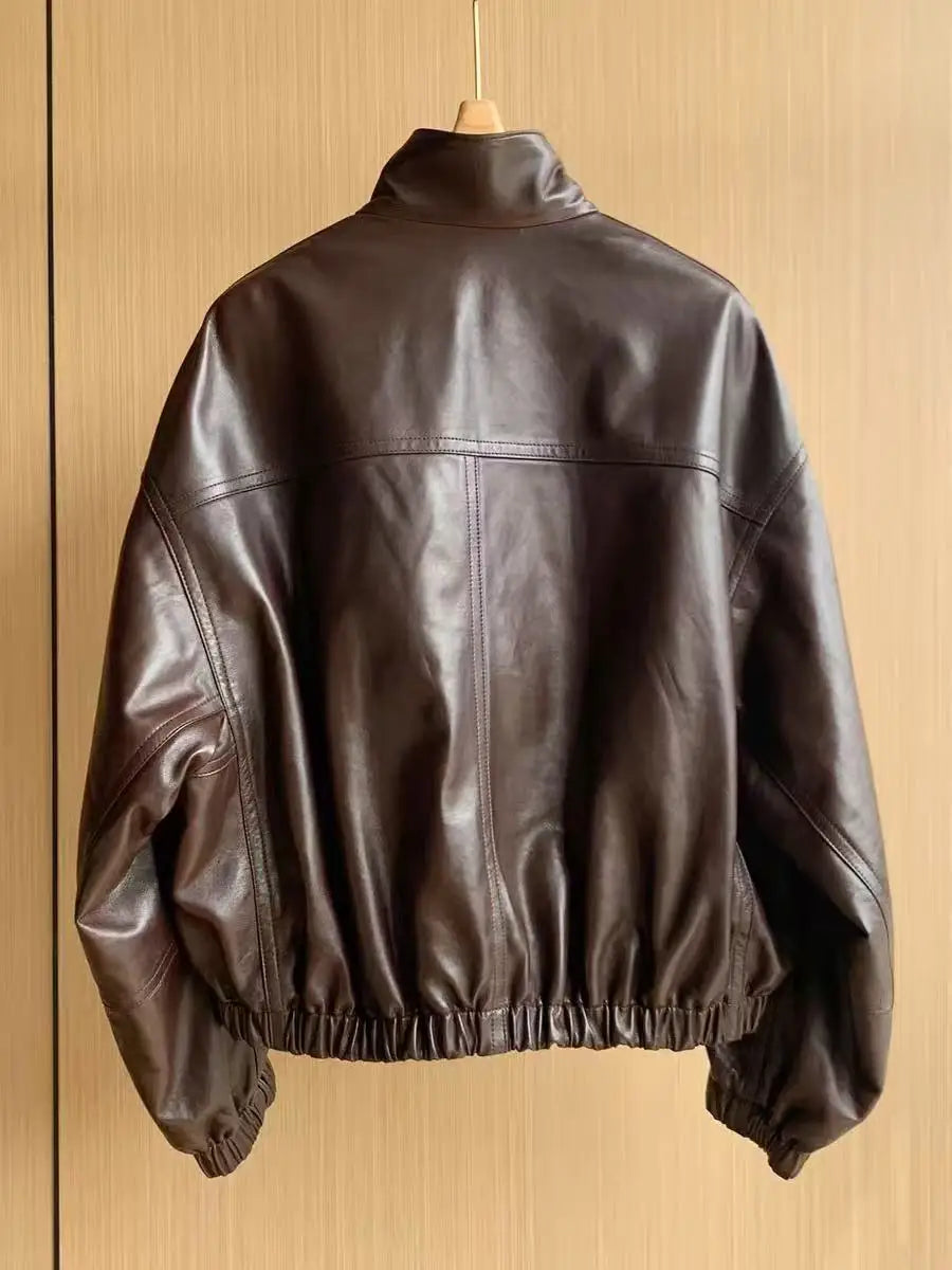 Imported Lightweight Leather Jacket for Women Modern Genuine Sheepskin Stand Up Collar Short Silhouette Coat Winter Tops Mujer