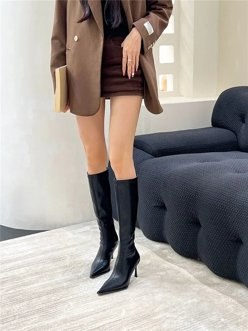 2025 New Women's High Heels Pointed Knee-length Female Boots Comfortable Stiletto Heel Soft Leather Women Shoes Zapatos De Mujer