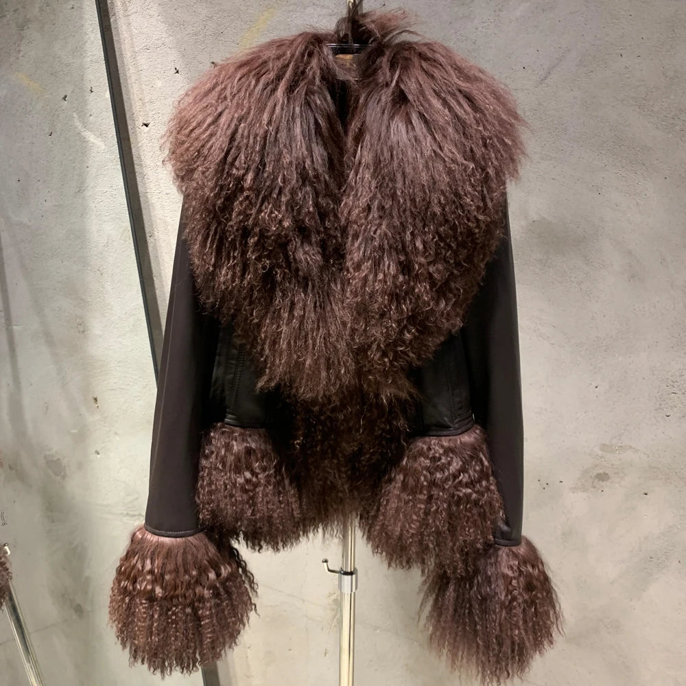 Sheep Collar Coats Women Winter Luxury Mongolian Fur Leather Jackets with Long Sleeve 7251