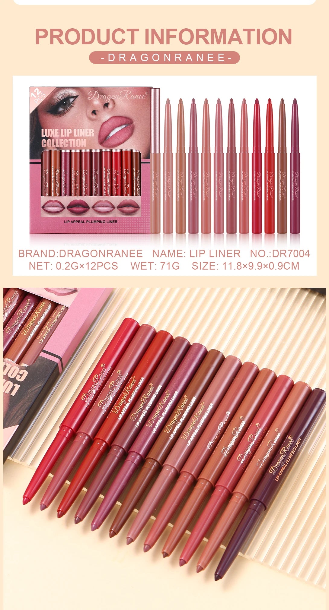 12-Piece Lip Liner Set, Matte, Easy to Outline, Waterproof and Sweat-Proof, Versatile for Daily Use, Long-Lasting, Delicate, Non-Smudging, a Must-Have for Beginners