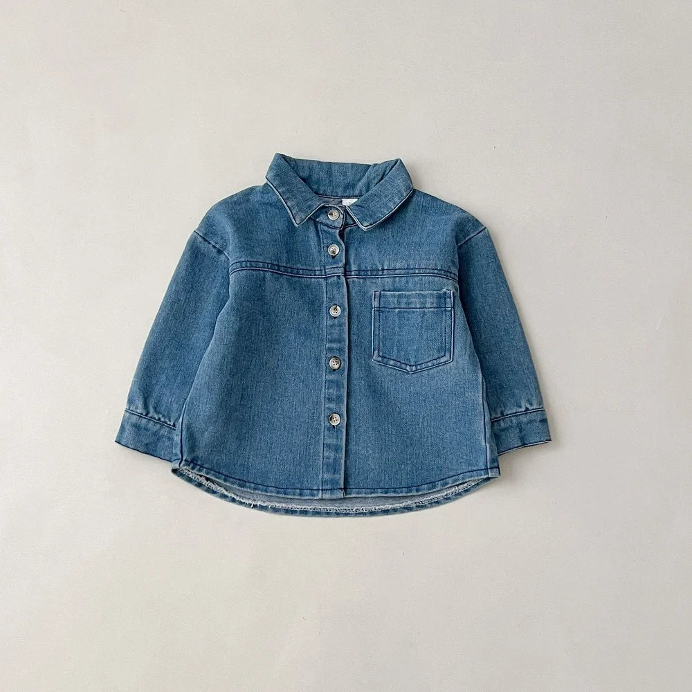 Baby clothes 2025 new children's solid color long sleeved denim set, boys and girls cardigan long pants casual sports two-piece