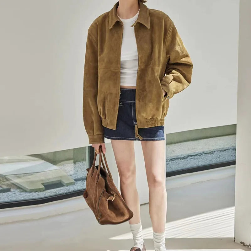 Brown Suede Jacket Spring Women Sheepskin Vintage Old Money Style Wide Shoulder Casual Baseball Leather Coat Giacca Pelle Donna