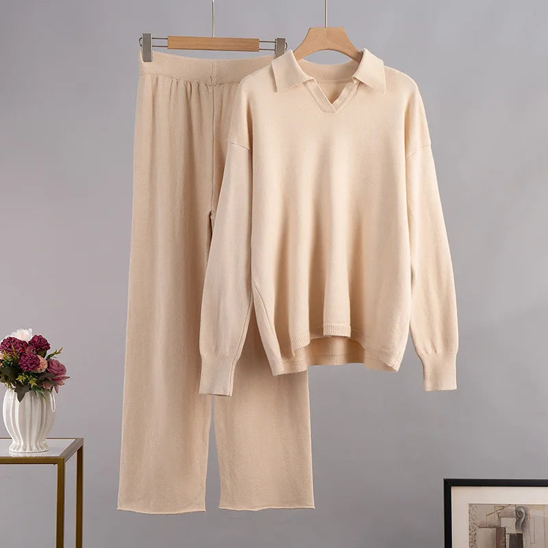 Sumuyoo Winter Thick Women Knitted Suits Cashmere Soft 2 Pieces Sets Female Polo Neck Sweater & Wide Leg Pants Knitted Outfit