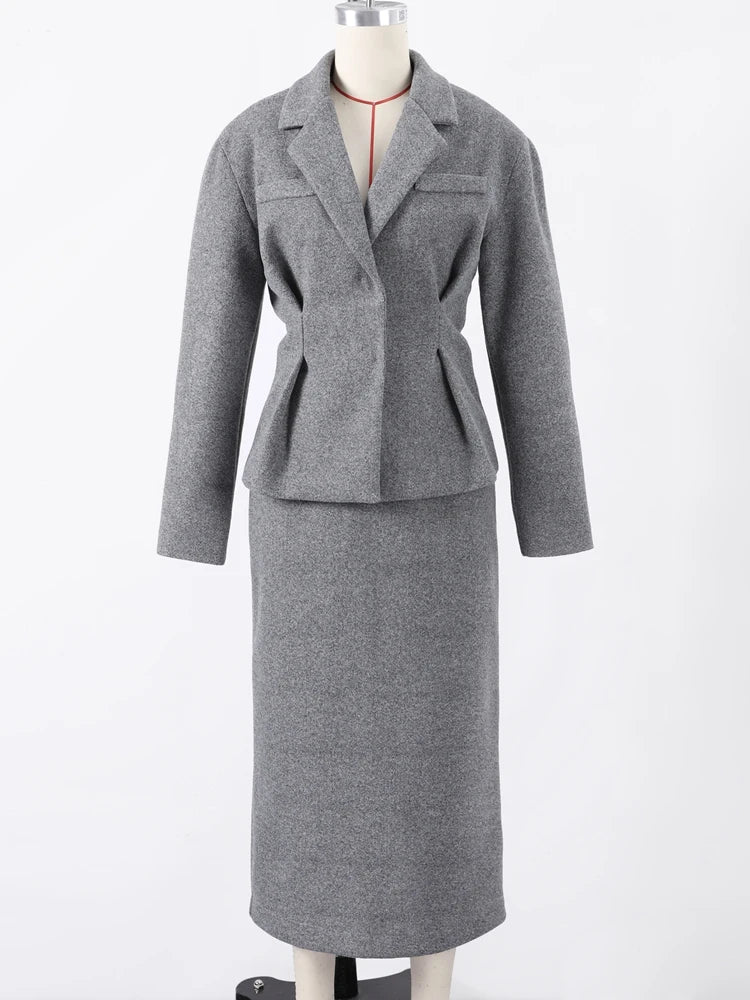 Elegant Women Solid Woolen Blazer Coat Skirt Suits Fashion Lapel Long Sleeves Overcoat Slim Hip Package Long Skirts Lady Outfits