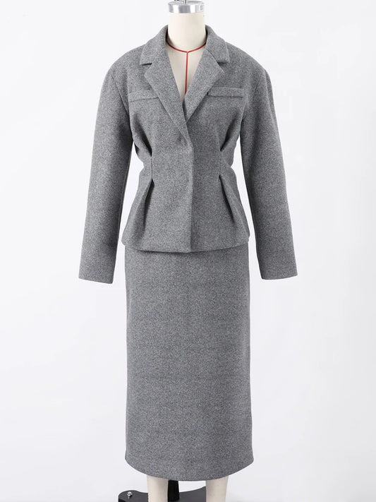 Elegant Women Solid Woolen Blazer Coat Skirt Suits Fashion Lapel Long Sleeves Overcoat Slim Hip Package Long Skirts Lady Outfits