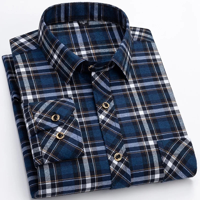 M-6XL Men's Pure Cotton Flannel Shirts Long Sleeve Single Pocket Casual Plaid Thick Soft Cozy Brushed Shirts Blouse Men Clothing