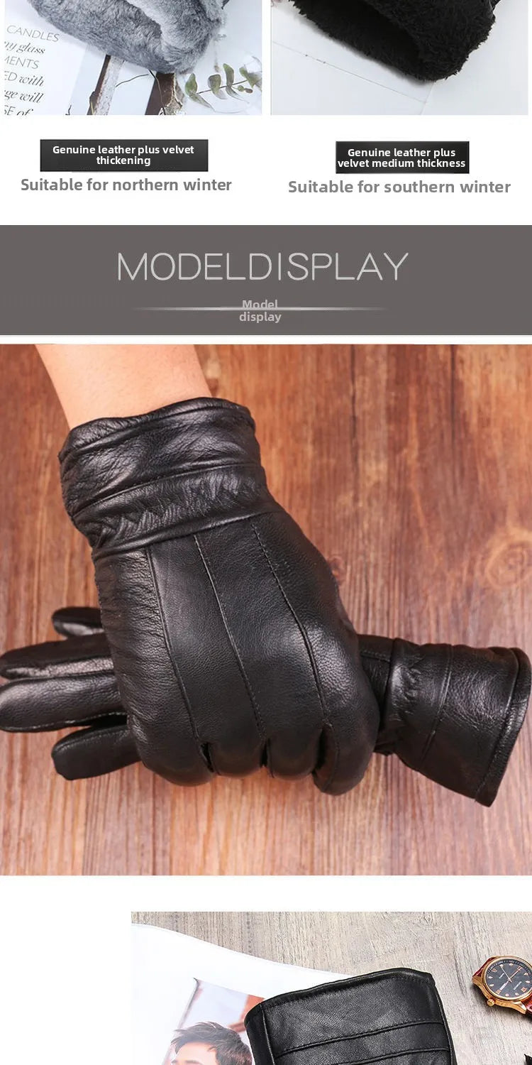 Genuine Leather Gloves (Men/Women): Fleece-Lined Warm, Thin/Thick Cotton, For Motorcycle Riding, Autumn/Winter,  Drop-Shipping