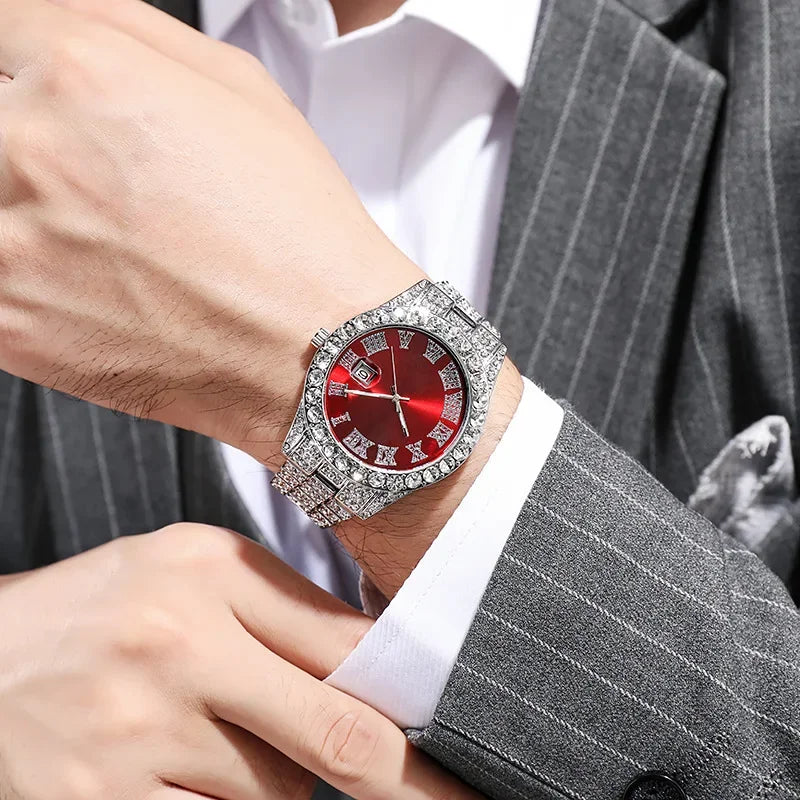 Hip Hop Watch for Men Iced Out Bling Full Diamond Luxury Quartz Watch Analog Roman Calendar Watch for Men Women