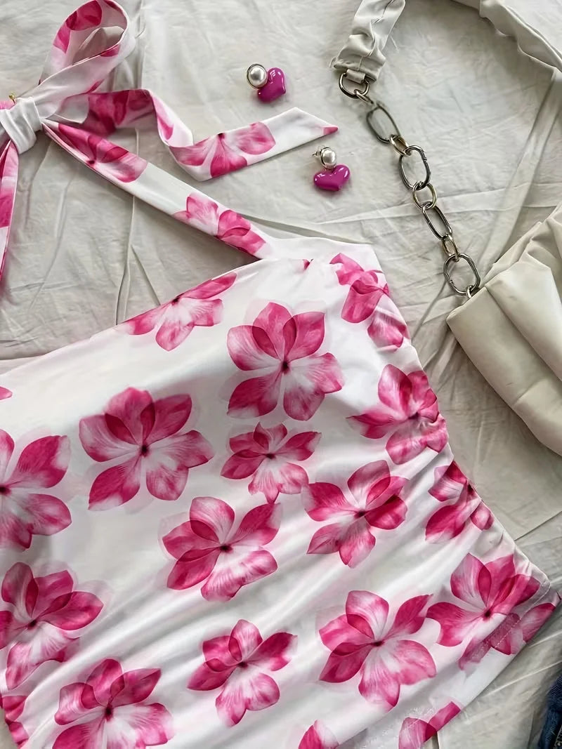 Women's summer short top, pink floral camisole vest, suitable for vacation style girls