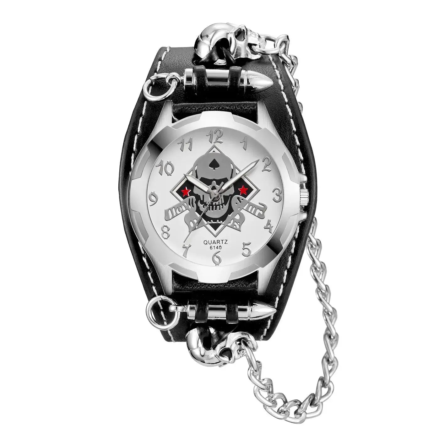 Anime Skull Round Pointer Quartz Watch - Grunge Punk Gothic Emo Halloween Cosplay Analog PU Leather Bracelet