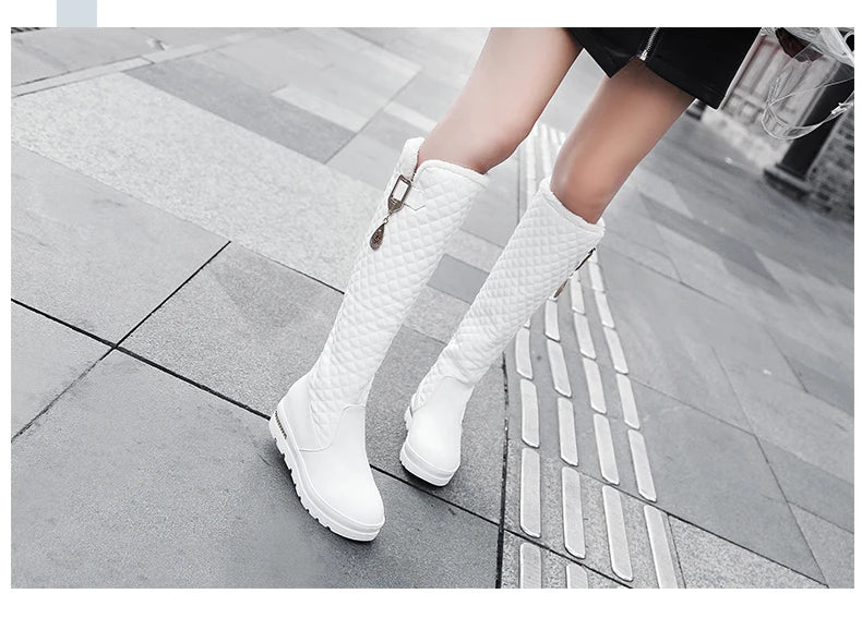 Raised Checkerboard With Metal Square Buckle Warmth Plush Lining Women's Snow Boots Flat Bottoms Elevated Knee Length Boots