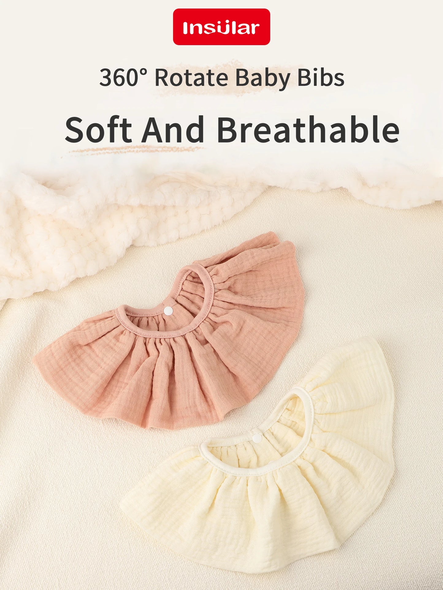 INSULAR Baby Bibs 100% Cotton Newborn Burp Cloths Skin-friendly Absorbent Infant Towel Breathable 360 Degree Gauze 4 Layer 0-1Y