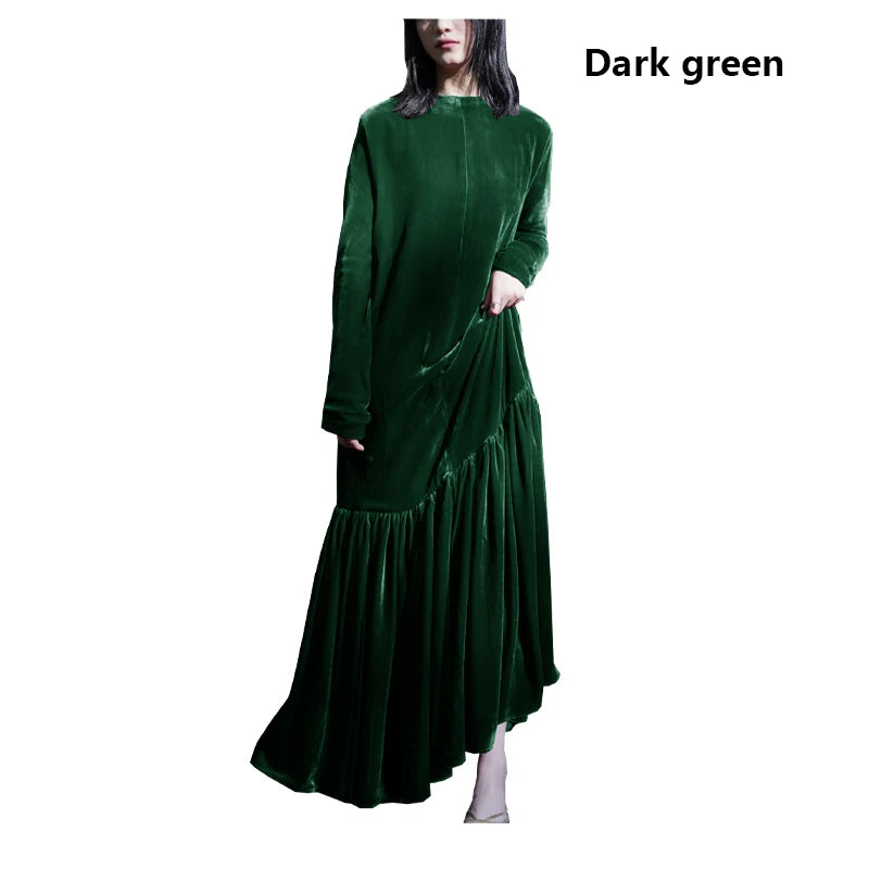 Light Luxury Natural Silk Velvet Women's Dress  Long Sleeve Long Floor-length Dress Temperament Elegant Casual Spring Autumn