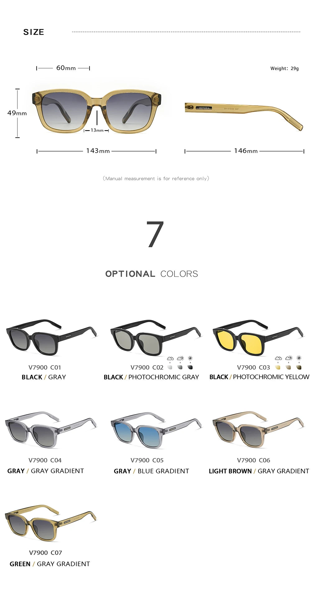 VEITHDIA Polarized Fashion Classic Sunglasses Photochromic Gradient UV400 Protection Outdoor Sun Glasses for Men And Women 7900