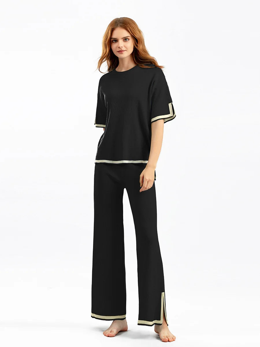 Pants Set Women Two Piece Sets Short Sleeve Spring Knit Tops Loose Casual Wide Leg Long Pants High Waist Y2k Streetwear Spring