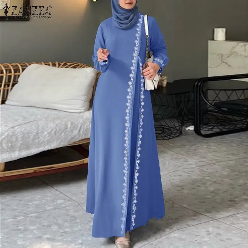 Autumn Lace Crochet Maxi Dress ZANZEA Muslim Turkey Abaya Elegant Loose Vestidos Women Long Sleeve O Neck IsIamic Robe Kaftan
