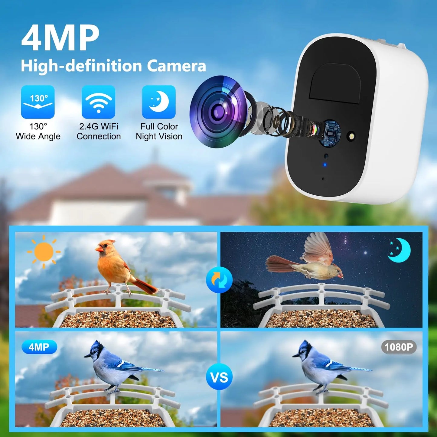 2.4G WiFi Smart Bird Feeder with Camera 2.4K Screen Solar Low Power Night Vision IP66 Waterproof 4G or WIFI Connected Feeder
