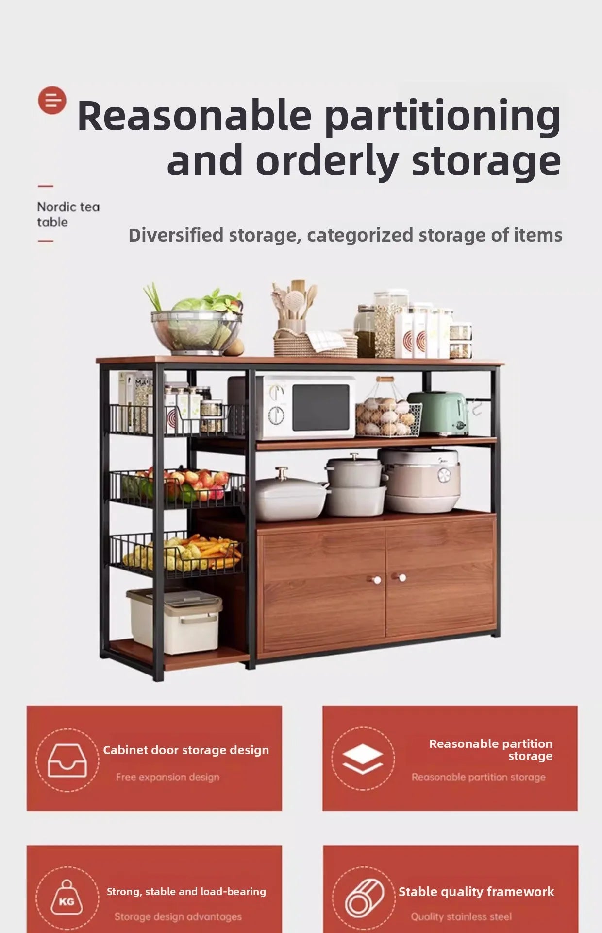 Heavy Duty Large Capacity Storage FurniturePantry Cabinet with Adjustable Shelves & Mesh Baskets Microwave Dishes