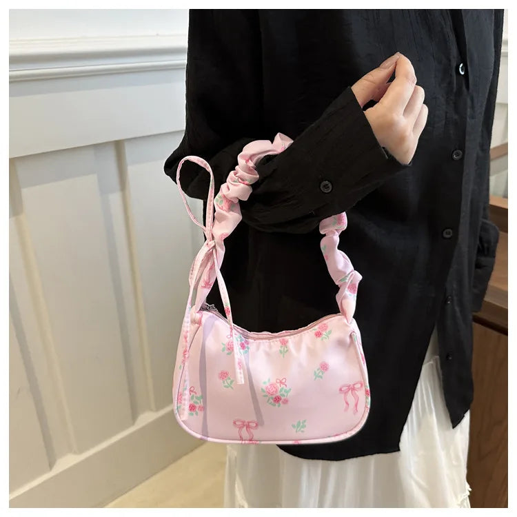 Women's Bags New Sweet Print Canvas Handbags Korean Floral Bow Printed Zipper Tote Bag Female Small Shoulder Bag