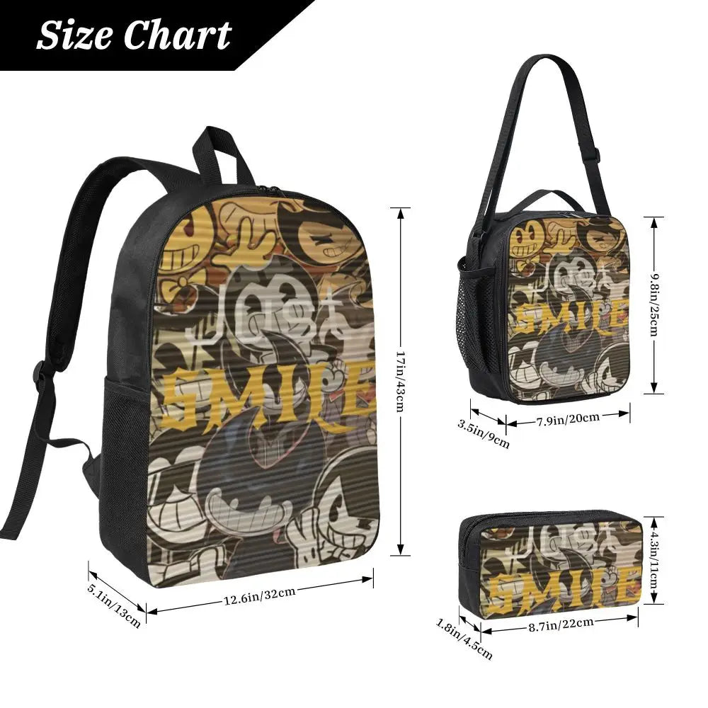 3Pcs Bendys And The Dark School bags Set for Boy Girl Pen Bags Backpack Sets with Lunch Box For School Students Knapsack