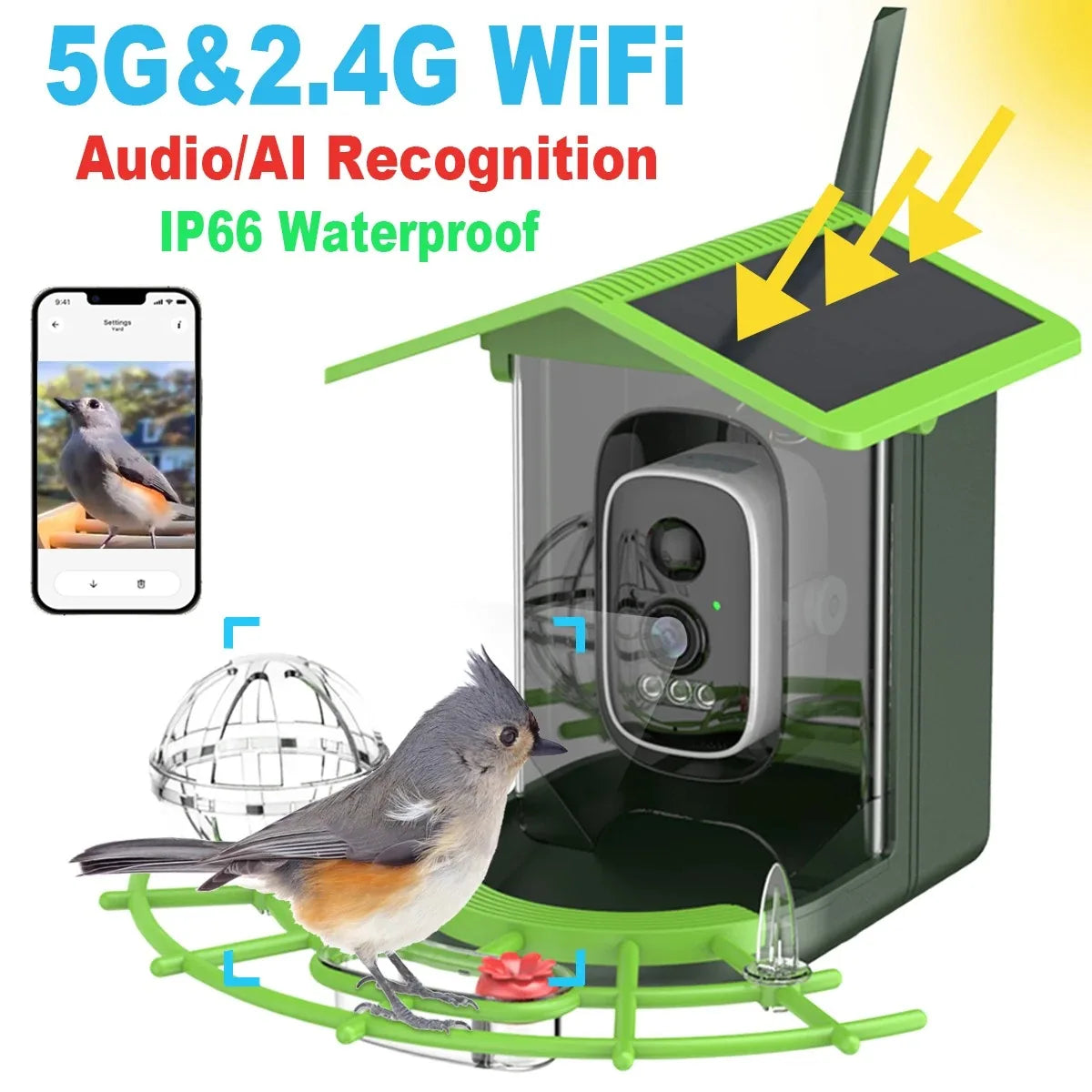 DIDSeth Smart Bird Feeder Camera 4MP 2K HD Solar Powered IP66 Waterproof 1.5L Capacity Night Vision Birdwatching Instant Alerts