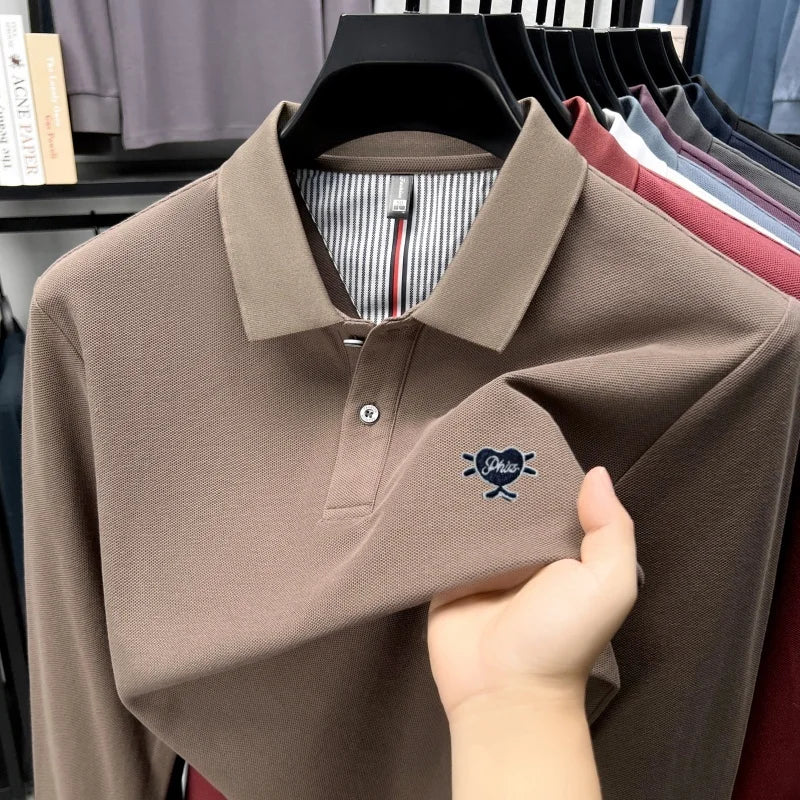 100% pure cotton men long sleeved polo shirt autumn new high-end brand heart-shaped embroidery comfortable casual lapel T-shirt