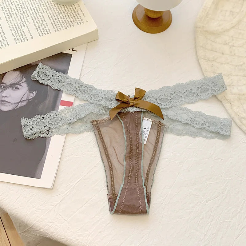 Thongs Woman Sexy Female Lingerie Women's Panties Women's Lace Thong Low Waist G-String Mesh Bow Detail Breathable Ladies Briefs