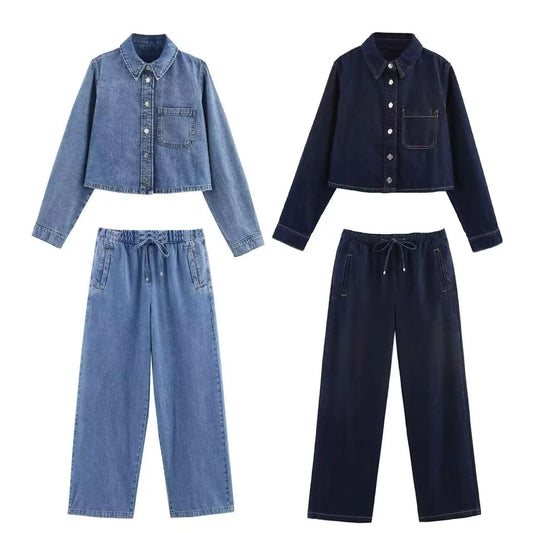 Women's Pants Set Versatile Long Sleeve Short Shirt Mid Waist Pants Style Spring New Pants Set