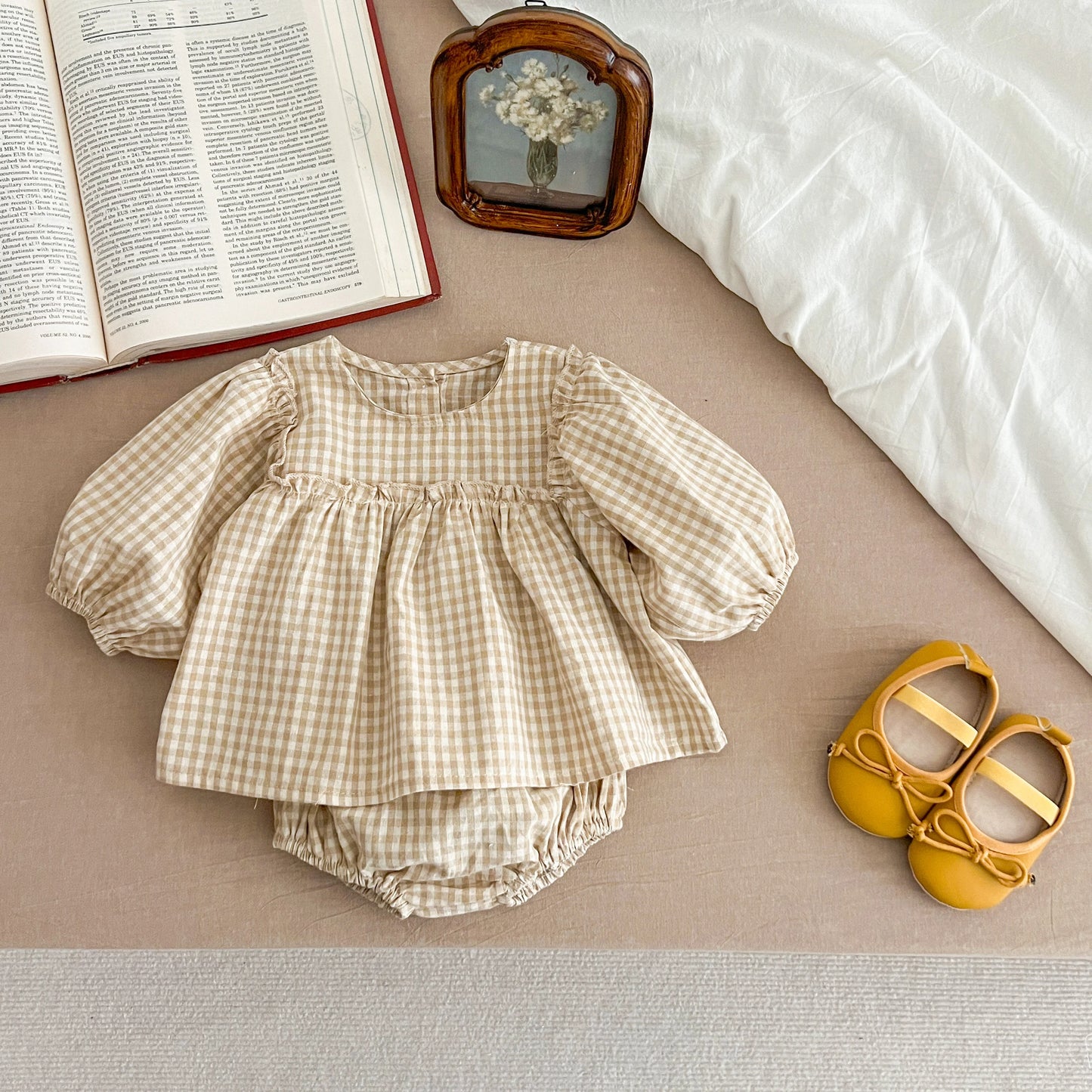 Baby Cotton Clothing Sets 0-2Yrs Autumn New Baby Girl Clothes Set Plaid Tee And Bloomer 2pcs Toddler Kids Vest + Shorts Suit