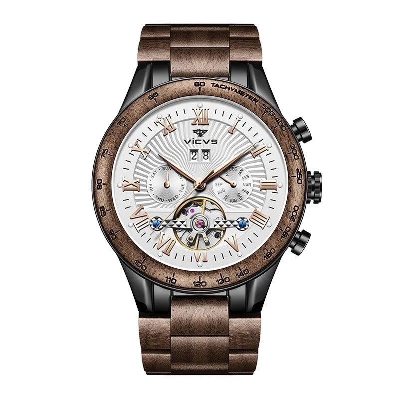 VICVS Walnut Men's Mechanical Watch for Him, Wooden Watches, Best Man Watches, Boyfriend Gifts, Dad Gifts Mechanical Watches