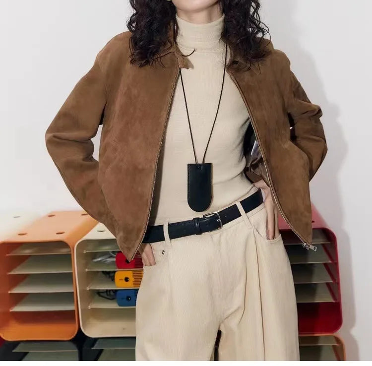New Goatskin Suede Jacket Autumn Women Coffee Vintage Fashion Maillard Old Money Style Lapel Slim Short Genuine Leather Coat