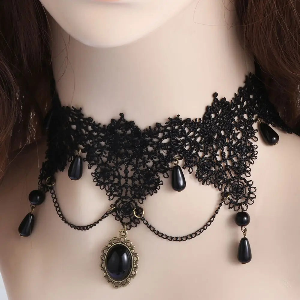 Sexy Neck Chain Steampunk Style Collar Chocker Gemstone Pendant Black Lace Gothic Necklace