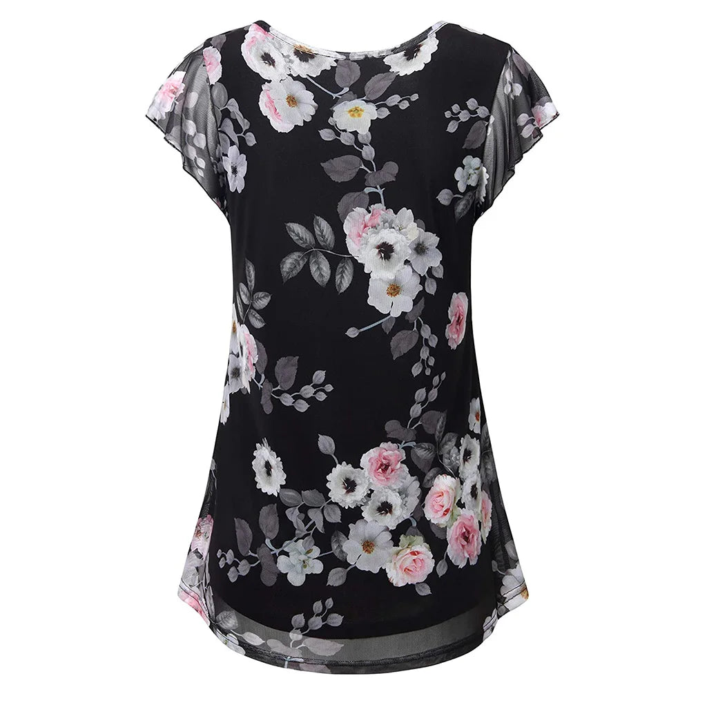 Womens Tops Summer T Shirts Casual V Neck Floral Print Petal Women's Athletic Shirts Mesh fabric Plus Size
