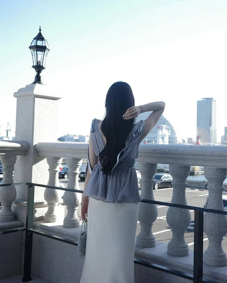 Women's Tops Summer Bow Tie Sweet Elegant Blouse Femme V Neck Shirt Waist-Cinching Japanese Style Sleeveless Chiffon Blouse