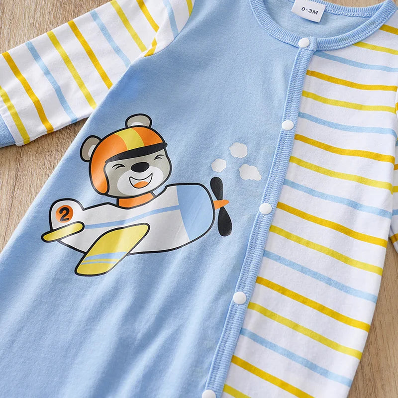 Newborn Baby Clothes cotton 0-12 Months blue Flying bear stripe print Spring and autumn Long Sleeve unisex Kids Jumpsuit Pyjama