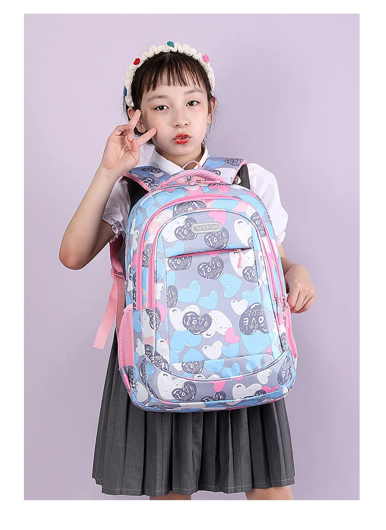Student Boys And Girls School Bags Love Heart Printed Student Shoulder School Bags 1-6 Grade Light Weight Double  Shoulder Bags