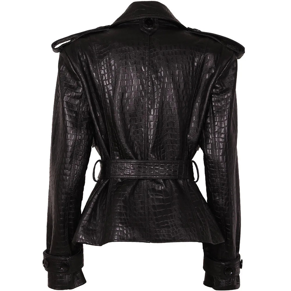 YOLOAgain Double Breasted Croc Pattern Leather Jacket Women 2023 Autumn New Genuine Leather Jacket Ladies