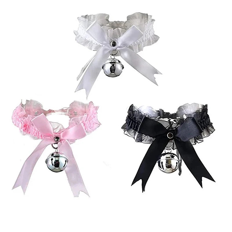 Gothic Women's Sexy Necklace Bow Knot Lace Collar Pendant Small Bell Choker