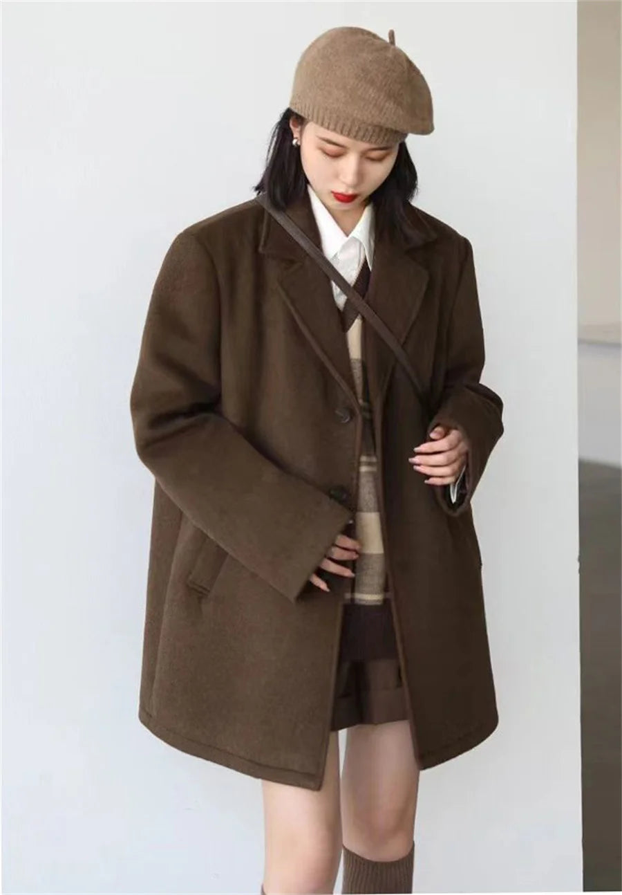 Korean Warm Mid Length Woolen Suit Coat Thick V Neck Women New Loose Parkas Winter Single Breasted Wool Blend Jackets Casaco