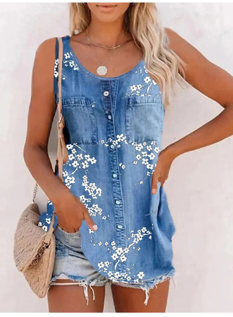 Summer New Tank Tops Fashion Loose O Neck T-shirts Imitation Cowboy Vest Women Casual Sleeveless Tops Blouse Street Wear