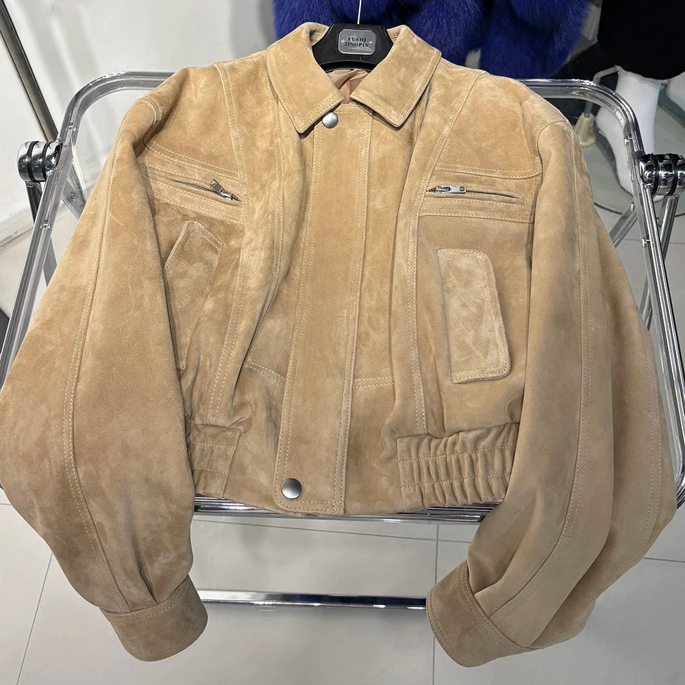 YOLOAgain 2025 Autumn Oversized Suede Jacket Women Real Leather Bomber Jacket Female