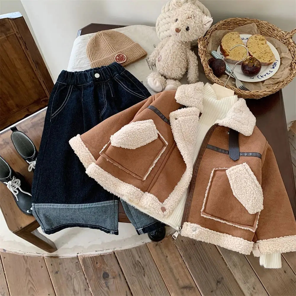 Winter New Children's Jacket Boys and Girls Baby Plush Thickened Cotton Coat Warm Jacket Motorcycle Coat  Autumn