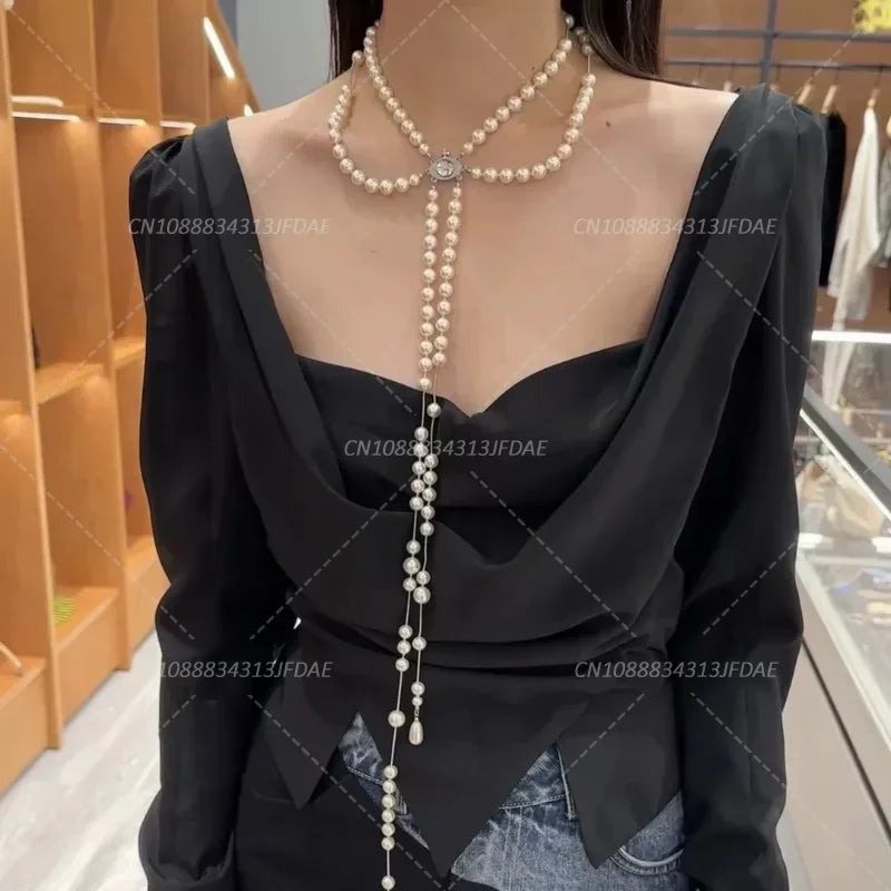 Multilayered Elegant Pearl Fringed Necklace Niche High-end Feel Asymmetric Drape Neck Chain Trendy Vintage Necklace