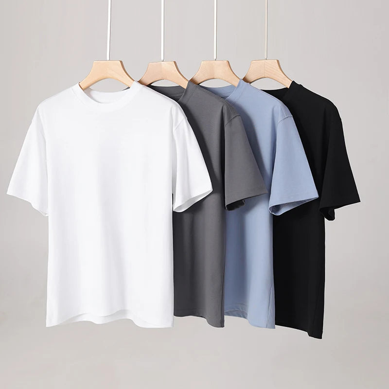 Men's Cotton High-End Fabric Liquid Ammonia T-shirt 100% Mercerized Cotton Short-Sleeved Summer Cool Silky Crewneck Sweater