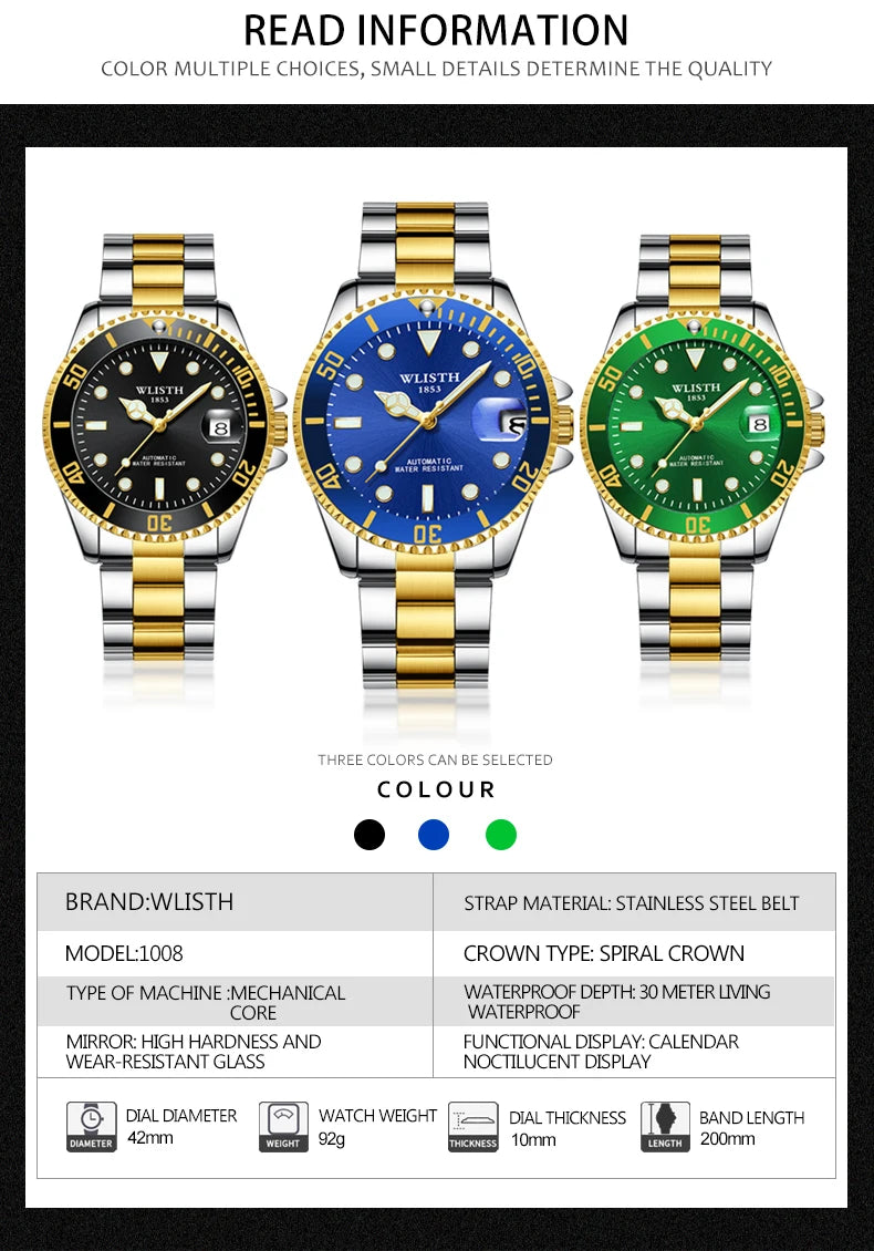 Automatic Mechanical Watch for Men Simple Business Stainless Steel Luminous Luxury Sports Mechanical Watch Man reloj hombre